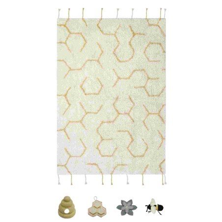 3. Ivory play rug with honeycomb pattern and four textile accessories including a beehive, bee, flower, and honeycomb, shown flat