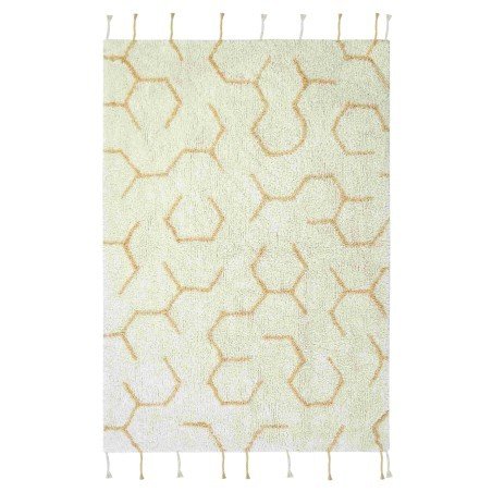 2. Ivory play rug with light honey labyrinthine pattern and honey-colored braids on edges, shown flat