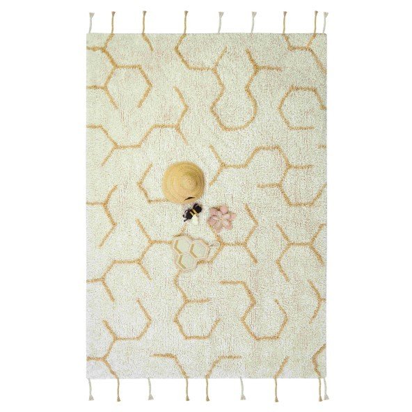 5. Ivory play rug with honeycomb pattern and four textile accessories including a beehive, bee, flower, and honeycomb, shown flat