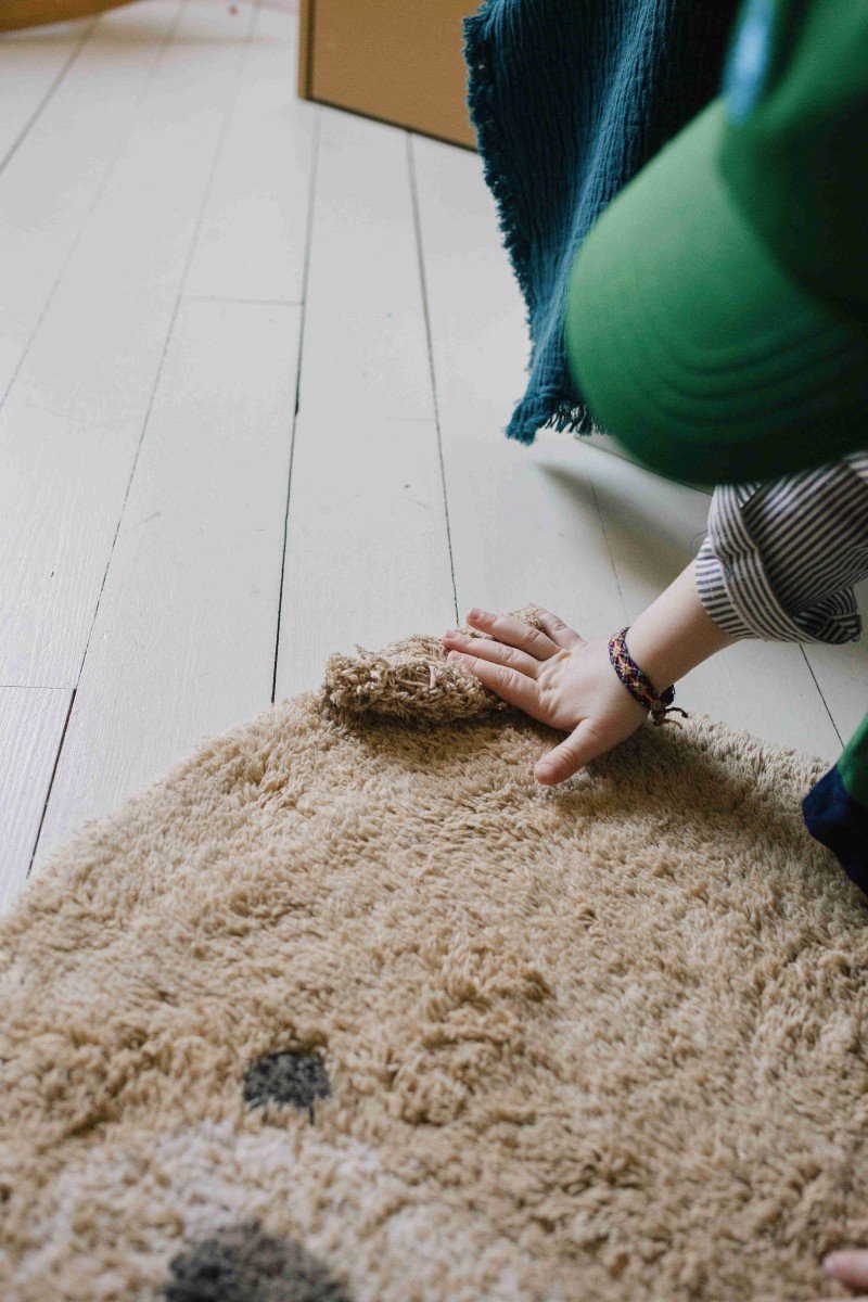 12. Child's hand on teddy bear rug's ear showing soft texture