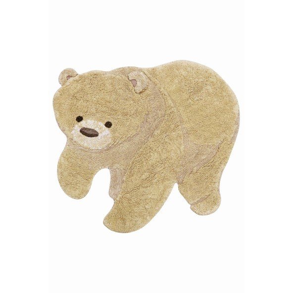 1. Beige and honey teddy bear-shaped rug with 3D ears and brown eyes on white background