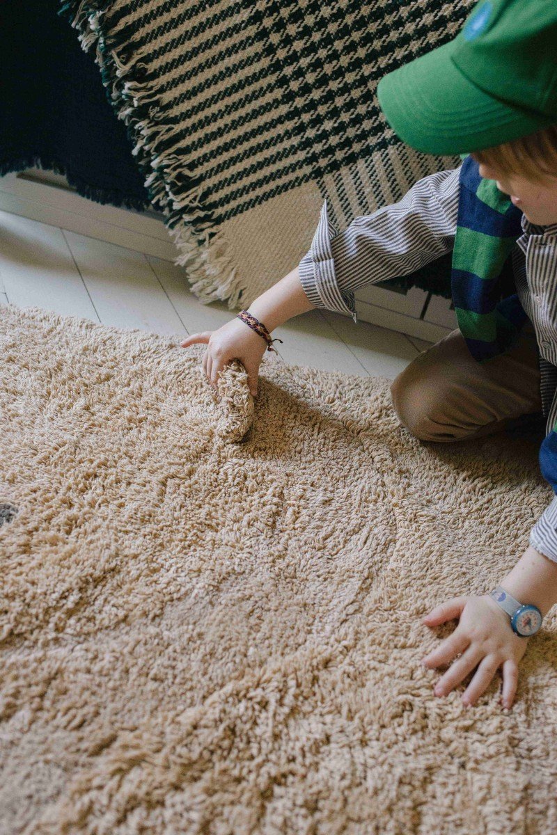 13. Child's hand lifting edge of teddy bear rug showing texture and flexibility