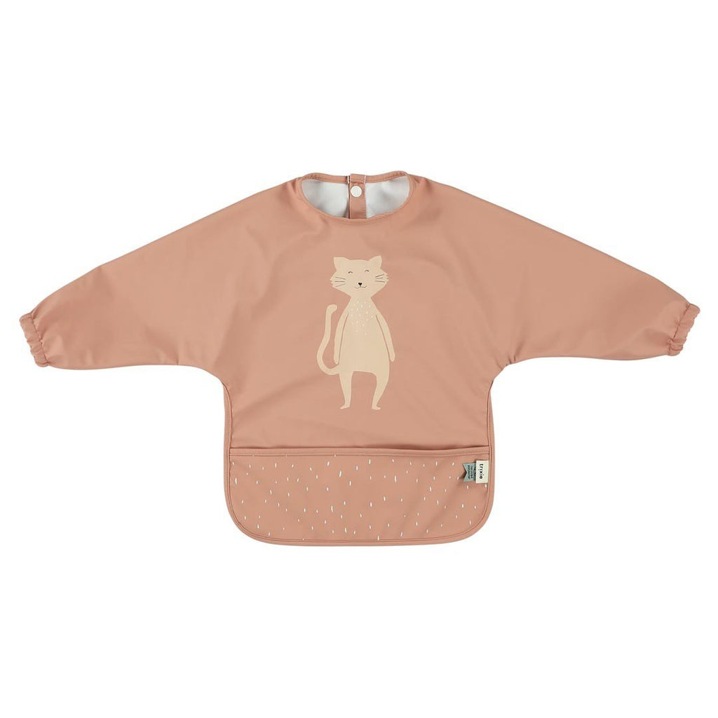 2. Pink waterproof long sleeve bib with cat print and pocket, shown on white background
