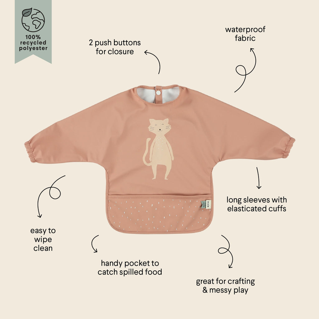 5. Size chart for pink waterproof long sleeve bib with cat print, highlighting features like waterproof fabric and easy cleaning