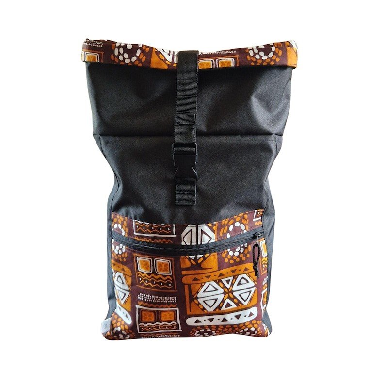 2. Drinbags waterproof rolltop backpack with orange geometric pattern, shown from front in studio