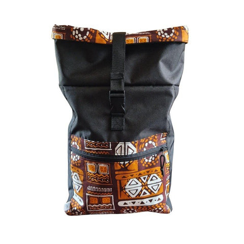 2. Drinbags waterproof rolltop backpack with orange geometric pattern, shown from front in studio