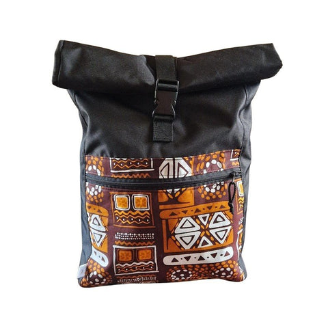 2. Drinbags waterproof rolltop backpack with orange geometric pattern on front pocket, shown in studio setting