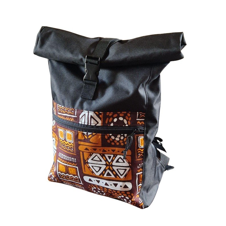 2. Drinbags waterproof rolltop backpack with orange geometric pattern, angled front view in studio