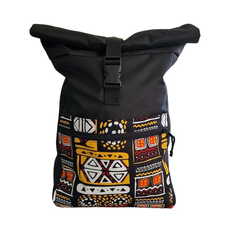 2. Drinbags waterproof rolltop backpack with yellow geometric pattern on black fabric, shown in studio with front view