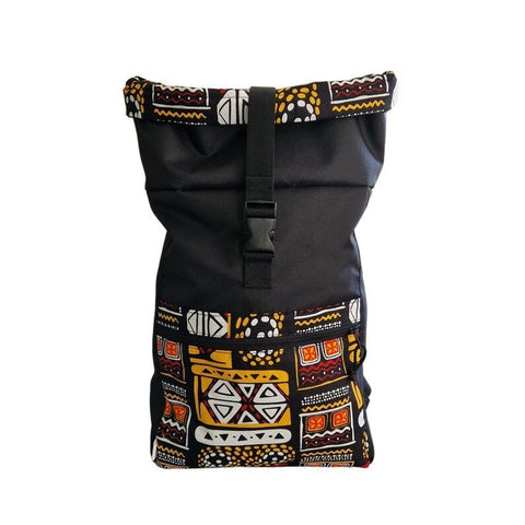 2. Drinbags waterproof rolltop backpack with yellow and orange pattern, front view in studio setting