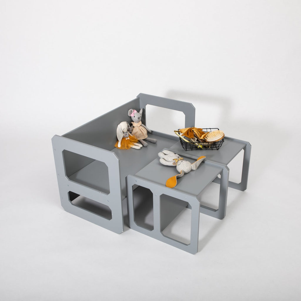 5. Grey Montessori weaning table and chair set with toys on white background