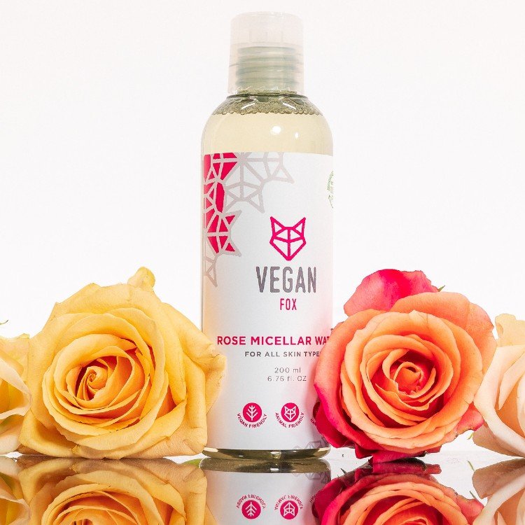 3. Vegan Fox Rose Micellar Water bottle with vibrant roses, highlighting natural ingredients