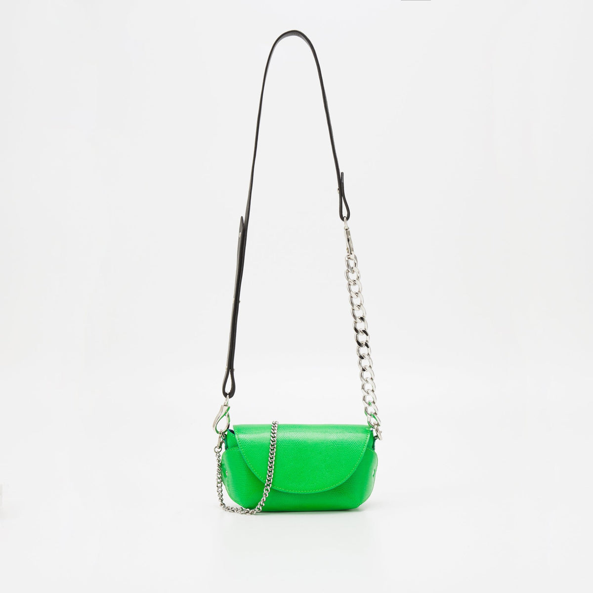 3. Studio shot of Daz Studio neon green leather shoulder bag with black and silver chain strap