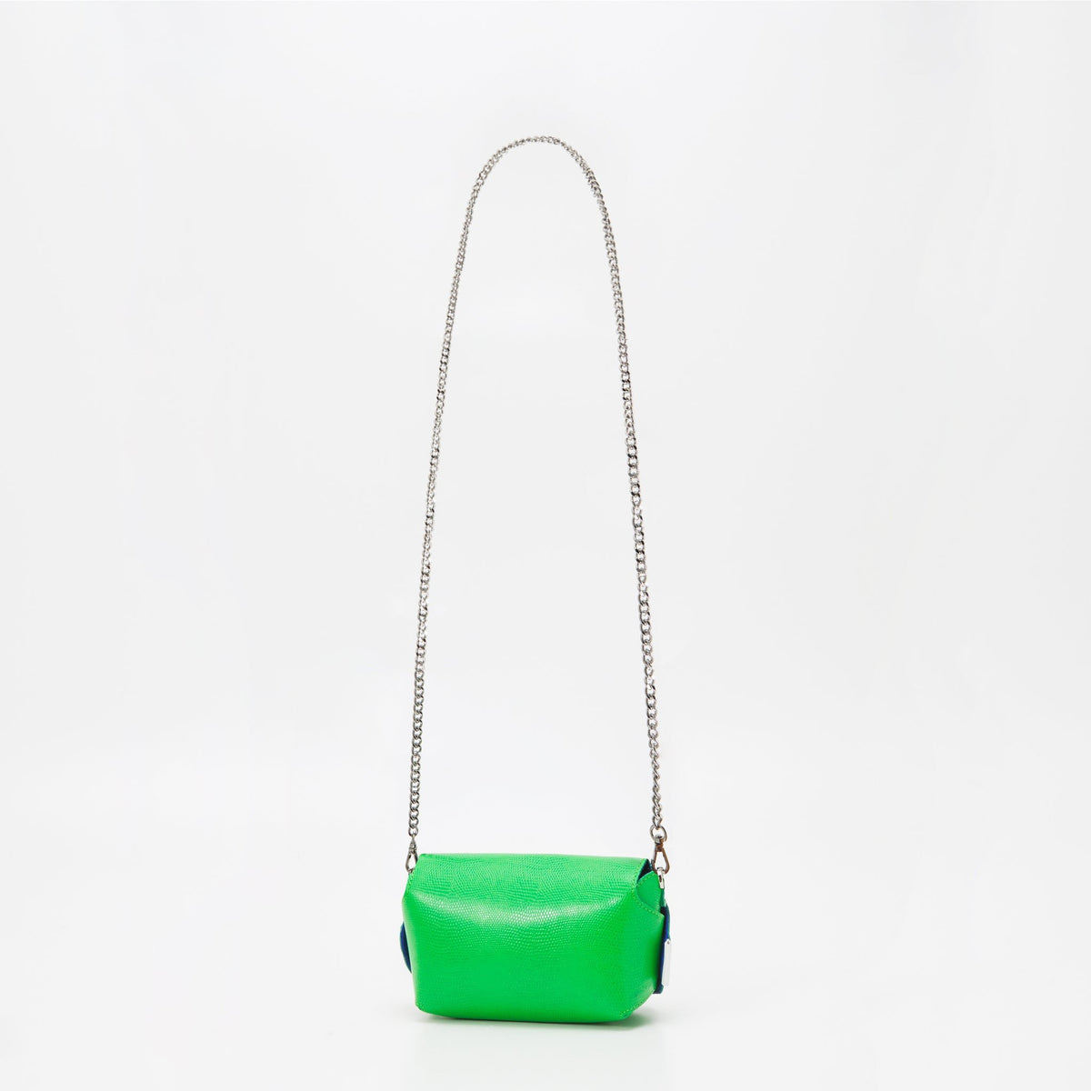 4. Back view of Daz Studio neon green leather shoulder bag with silver chain strap in studio setting