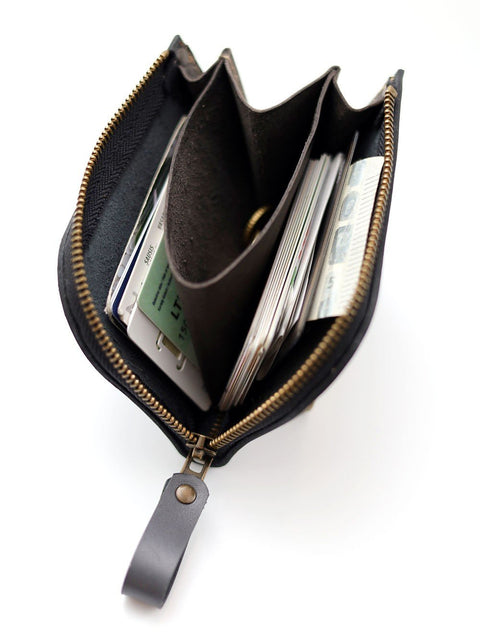 3. Open grey leather wallet by TOKS VISOKS showing multiple card slots and compartments