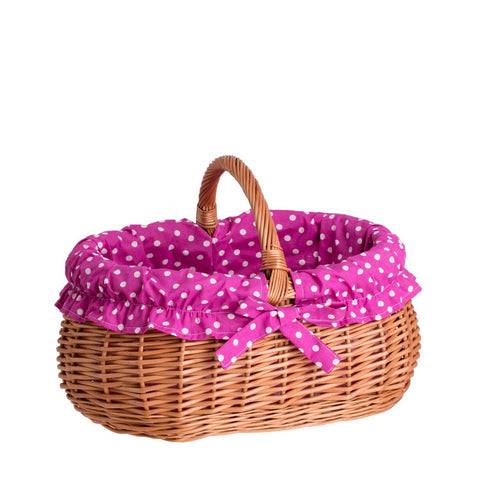 1. Eco-friendly wicker shopping basket with ergonomic handle and pink polka dot lining, showcasing European craftsmanship and modern design, ideal for shopping or picnics.