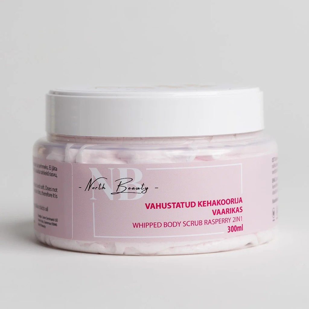 2. North Beauty Whipped Sugar Body Scrub with Raspberry, 300 ml jar with label in studio setting