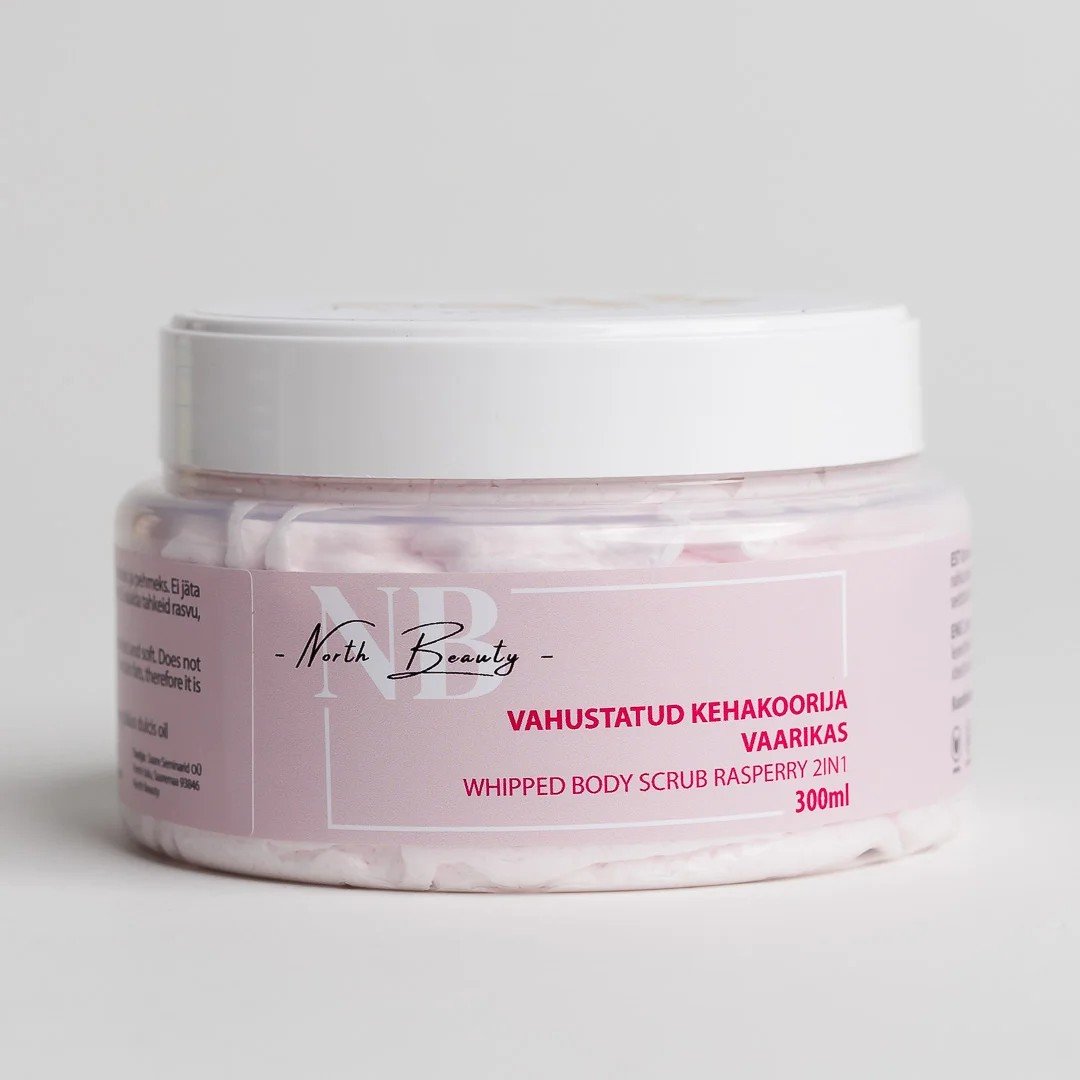 2. North Beauty Whipped Sugar Body Scrub with Raspberry, 300 ml jar with label in studio setting