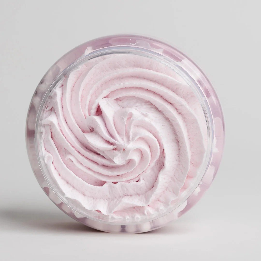 1. Close-up of North Beauty Whipped Sugar Body Scrub with Raspberry, showing creamy texture in jar