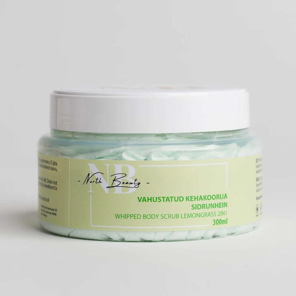 2. North Beauty Whipped Sugar Body Scrub with Lemongrass in 300ml jar, studio shot