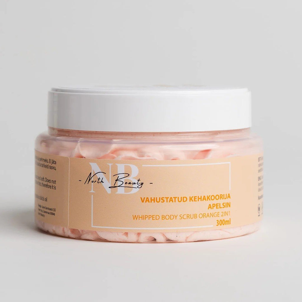 1. North Beauty Whipped Sugar Body Scrub with Orange, 300 ml, in clear jar with beige label, studio shot