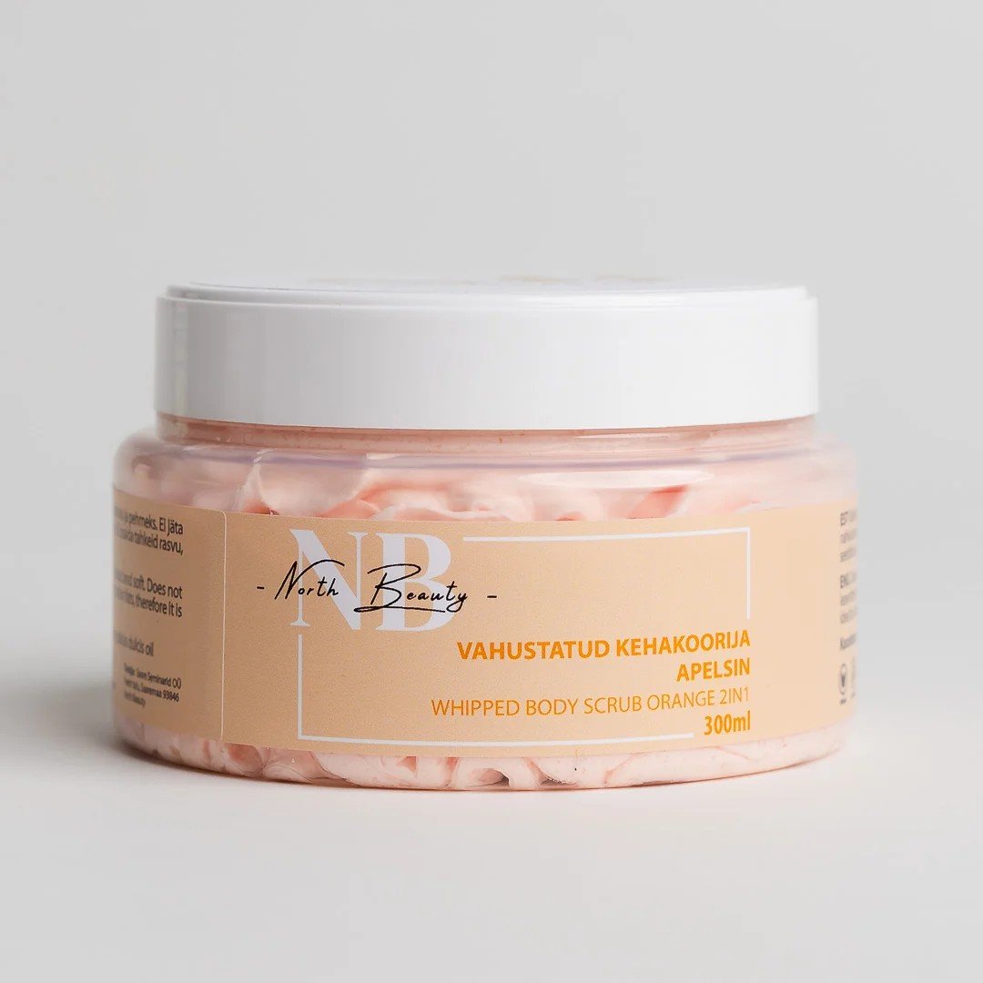 1. North Beauty Whipped Sugar Body Scrub with Orange, 300 ml, in clear jar with beige label, studio shot