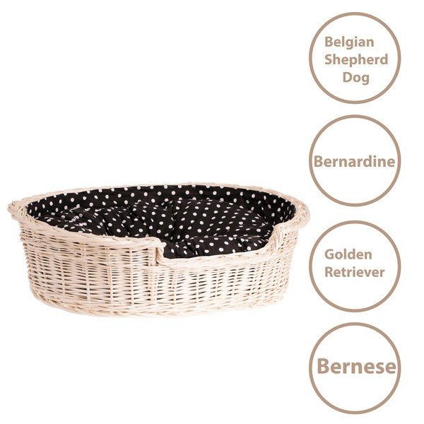5. Size chart for whitewashed wicker dog bed with breed suggestions including Belgian Shepherd and Bernese