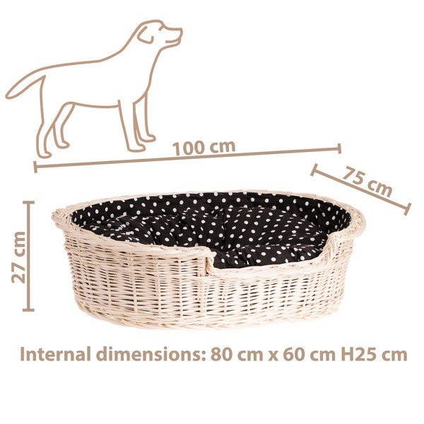 5. Size chart for whitewashed wicker dog bed showing dimensions 100x75 cm, suitable for medium to large dogs