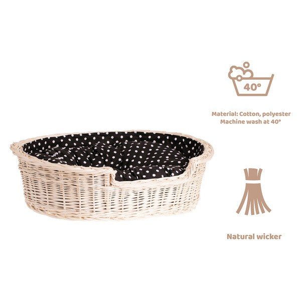 5. Material and care guide for whitewashed wicker dog bed, highlighting cotton and polyester cushion, machine washable
