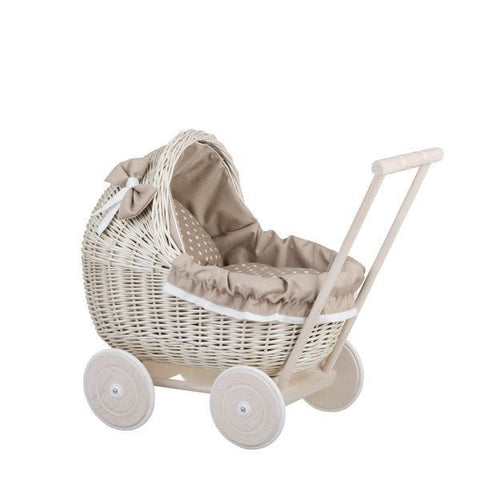 2. Whitewashed wicker doll pram with beige bedding and wooden frame on white background