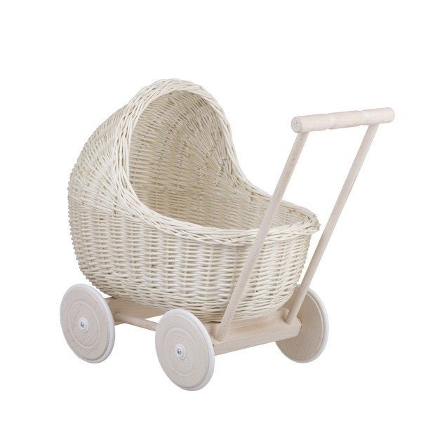 2. Whitewashed wicker doll pram with beige bedding and wooden frame on white background