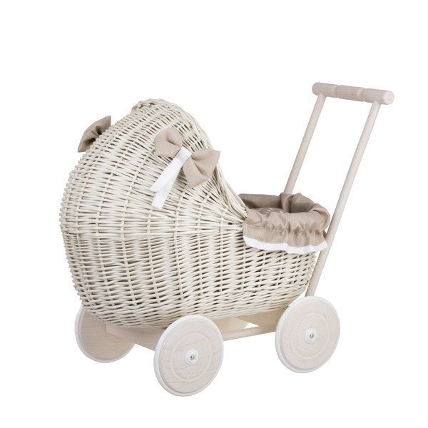 2. Whitewashed wicker doll pram with beige bedding and wooden frame on white background