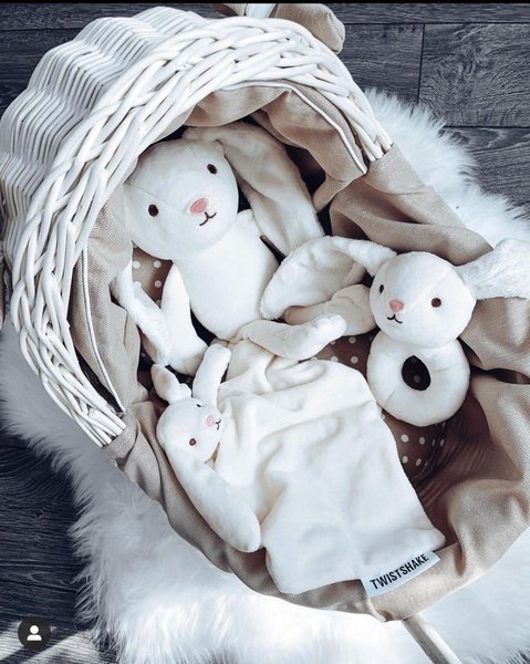 3. Close-up of beige bedding inside whitewashed wicker doll pram with plush toys