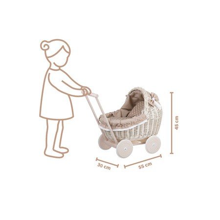 5. Size chart for whitewashed wicker doll pram showing dimensions in centimeters