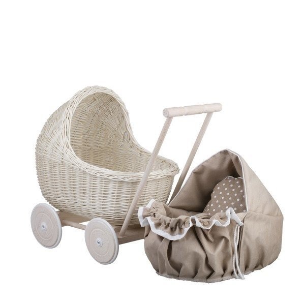 4. Flat lay of whitewashed wicker doll pram with removable beige bedding