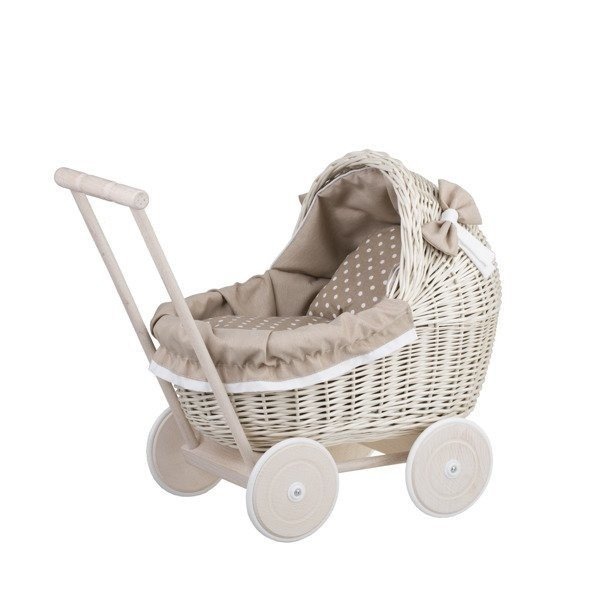2. Whitewashed wicker doll pram with beige bedding and wooden frame on white background