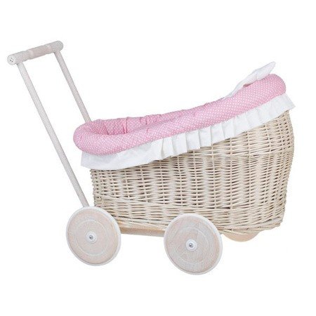 6. Whitewashed wicker doll pram with pink bedding, angled side view, studio background