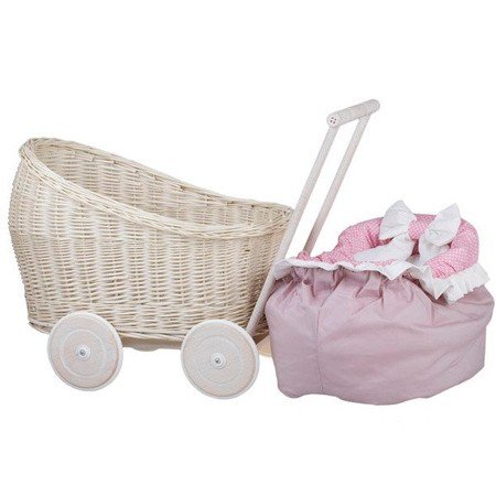11. Whitewashed wicker doll pram with pink bedding removed, showing interior, studio setting