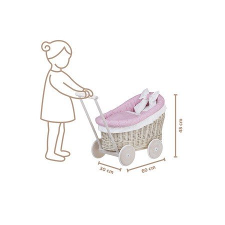 4. Size chart illustration of whitewashed wicker doll pram with pink bedding, dimensions shown