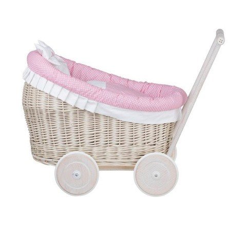 5. Side view of whitewashed wicker doll pram with pink bedding, highlighting wheel design