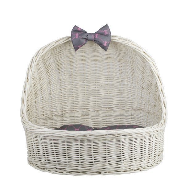 2. Whitewashed wicker pet house with decorative bow, front view without cushion
