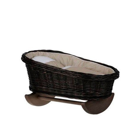 2. Wicker rocking cradle with beige checkered bedding on dark wooden rockers