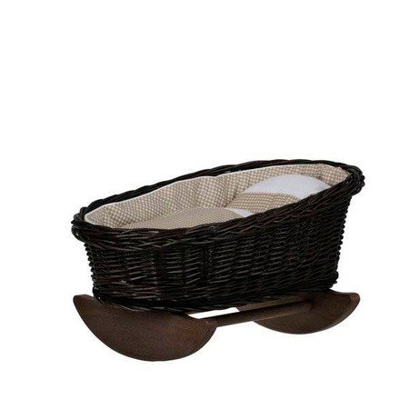 2. Wicker rocking cradle with beige checkered bedding and wooden rockers
