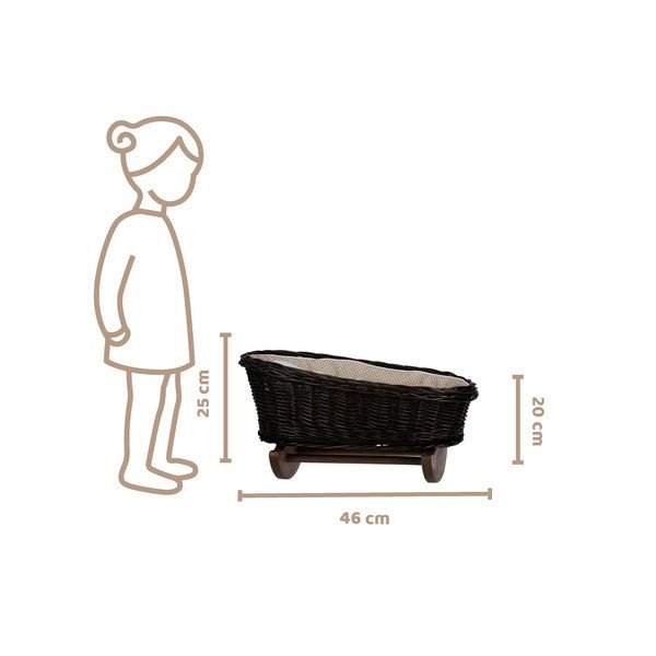 5. Size chart for wicker rocking cradle showing dimensions 46 cm by 20/25 cm