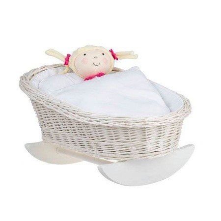 1. Wicker rocking cradle with white bedding and a doll inside, emphasizing nurturing play