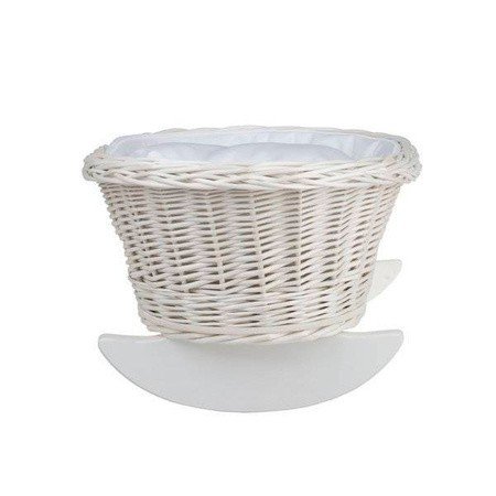 2. Front view of wicker rocking cradle with white bedding, showcasing curved design