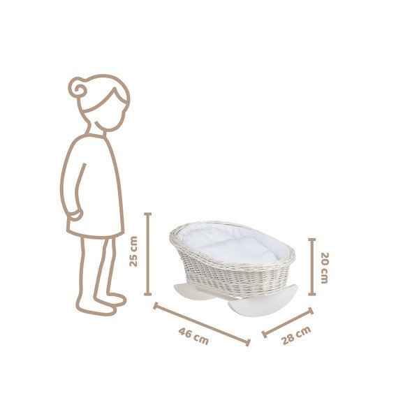 5. Size chart for wicker rocking cradle showing dimensions 46 x 28 cm and height 20/25 cm