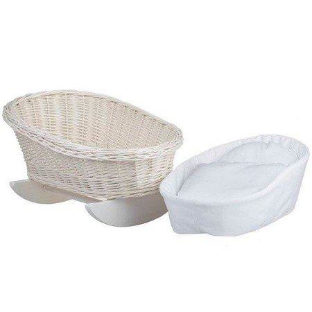 4. Flat lay of wicker rocking cradle with removable white bedding, showing separate components