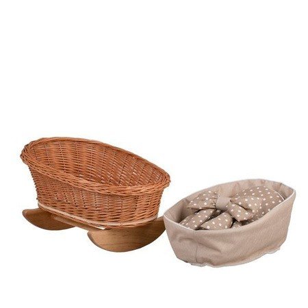4. Flat lay of wicker rocking cradle with separate beige checkered bedding and bow