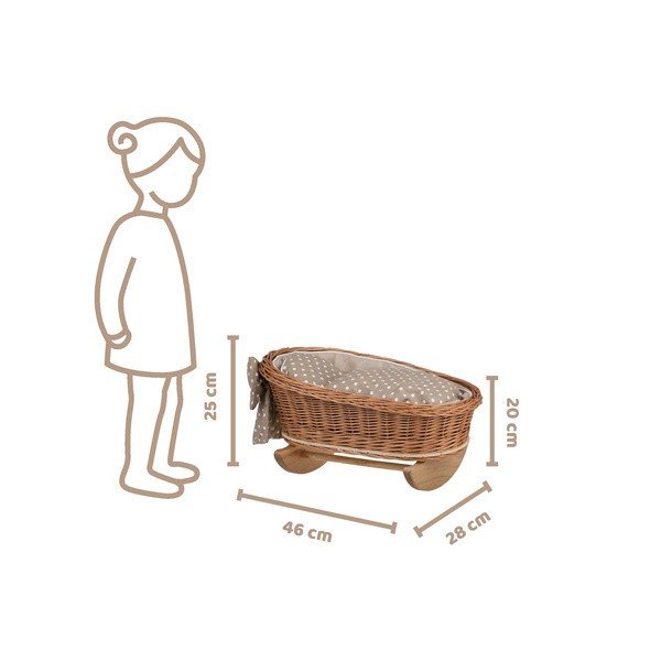 5. Size chart for wicker rocking cradle showing dimensions and height comparison with child illustration